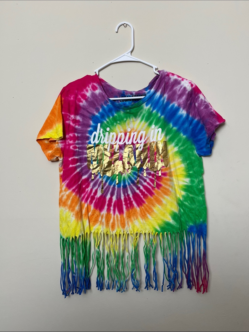 Rainbow Tie-Dye Fringe Tee with Gold Foil Graphic